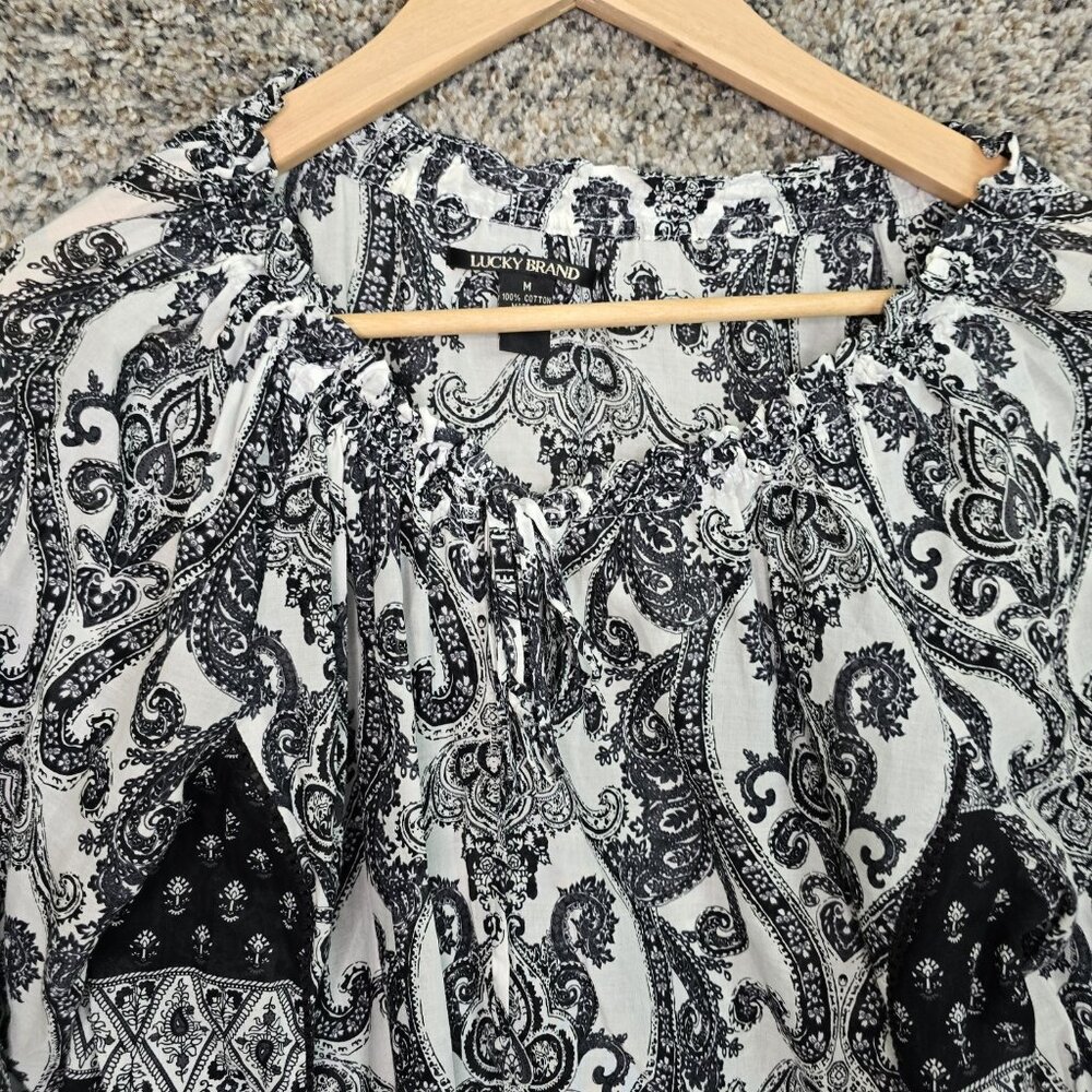 Lucky Brand Top Womens Medium Black Paisley Print Peasant Blouse Casual Neck Tie - Picture 4 of 7